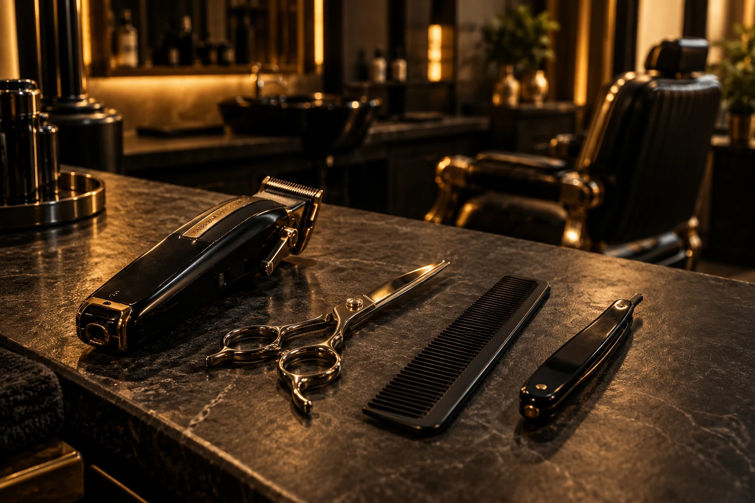 Máquina de corte, tijeras y peine sobre una mesa de barbería
